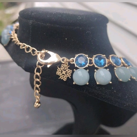 WHBM Gold Blue Double Row Statement Necklace | Genuine Jade & Glass Beads - Picture 5 of 6